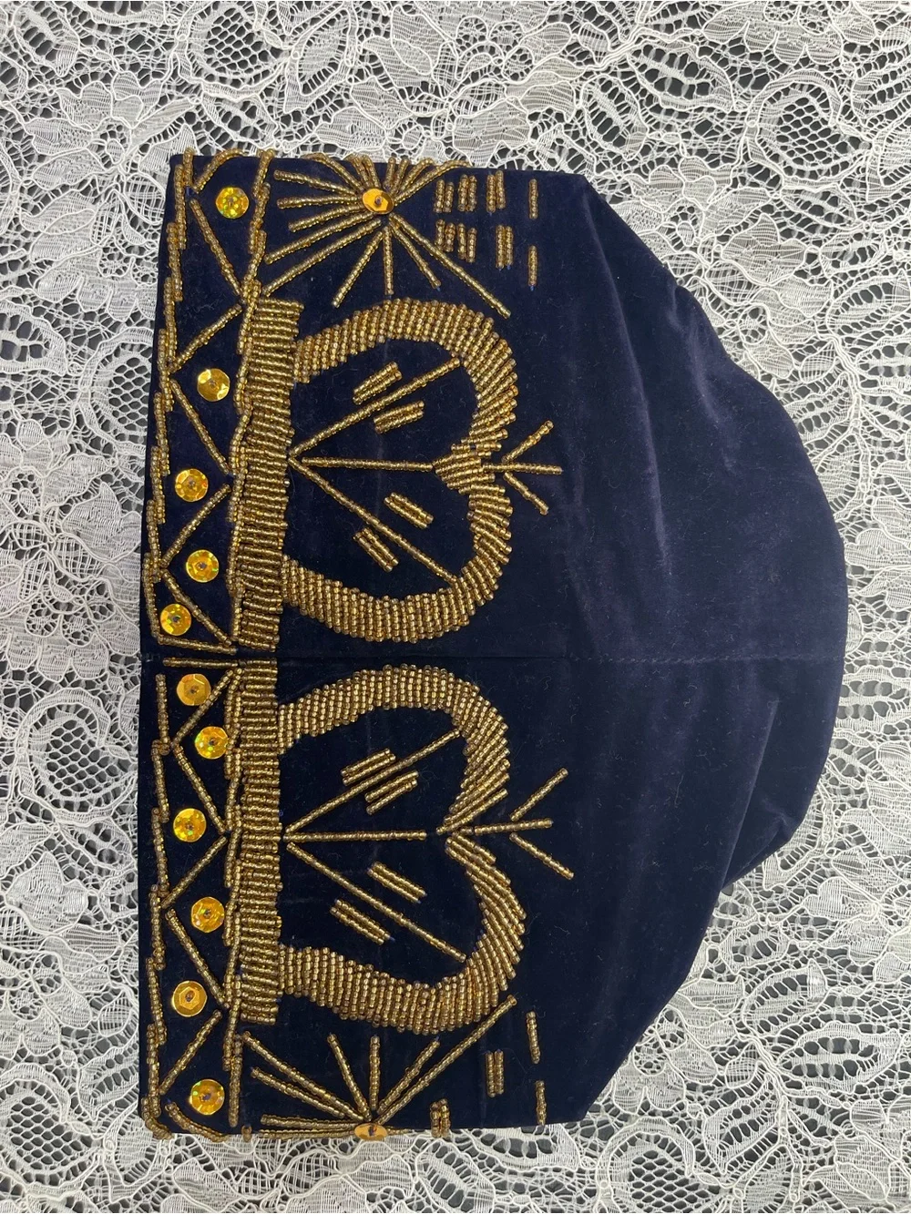 Navy Blue Gold Beaded Embellished Handmade African Velvet Fila/Kufi Hat One Size